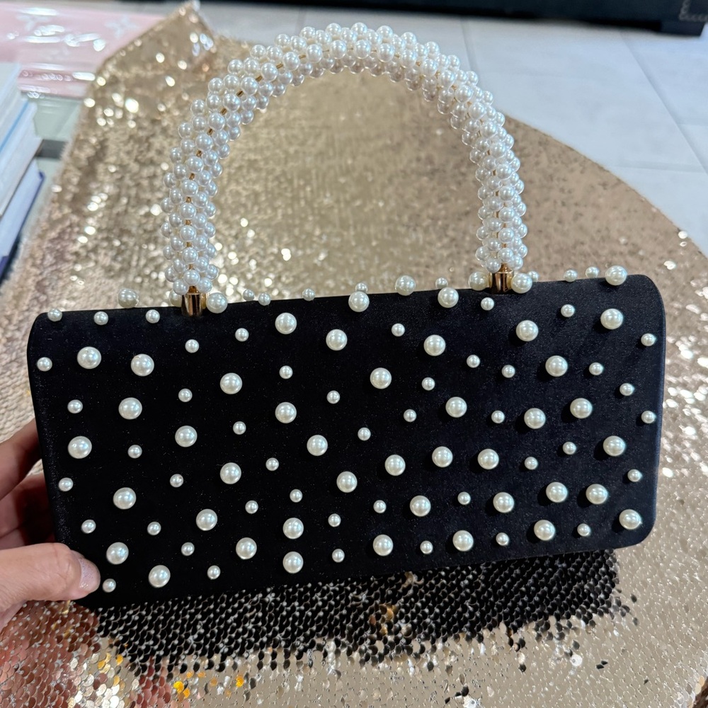 Elegant Black Pearl-Embellished Handbag